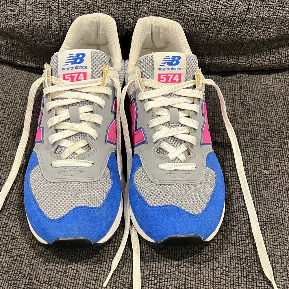 New Balance 574 Gray and Blue with Pink Accents